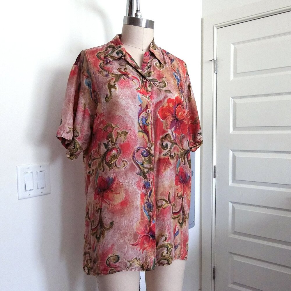Vintage STUNT Floral 100% Silk Button-Down Shirt | Petite Large (PL)